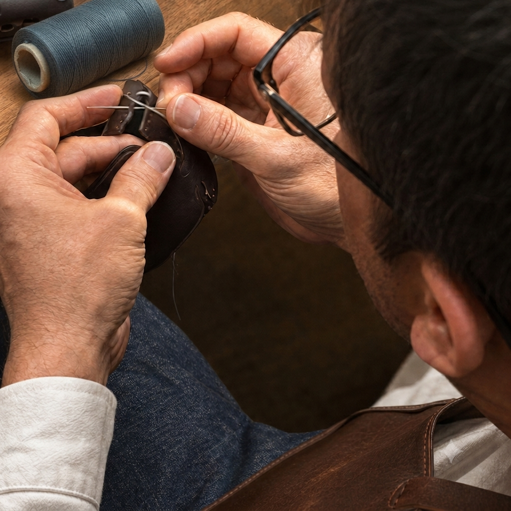 A close-up, high-angle view of a leather craftsman sewing a dark brown leather case with dark grey thread. The craftsman wears glasses, a white shirt, and a brown leather apron, with a spool of blue thread on a wooden surface in the background.