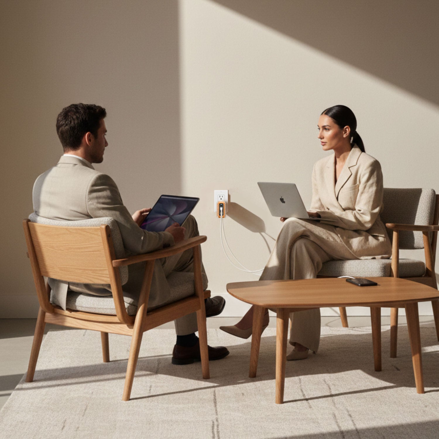 Two people using a small VogDUO 100W Wall Charger to fast charge their Laptop, Tablet, and smartphone at the same time.