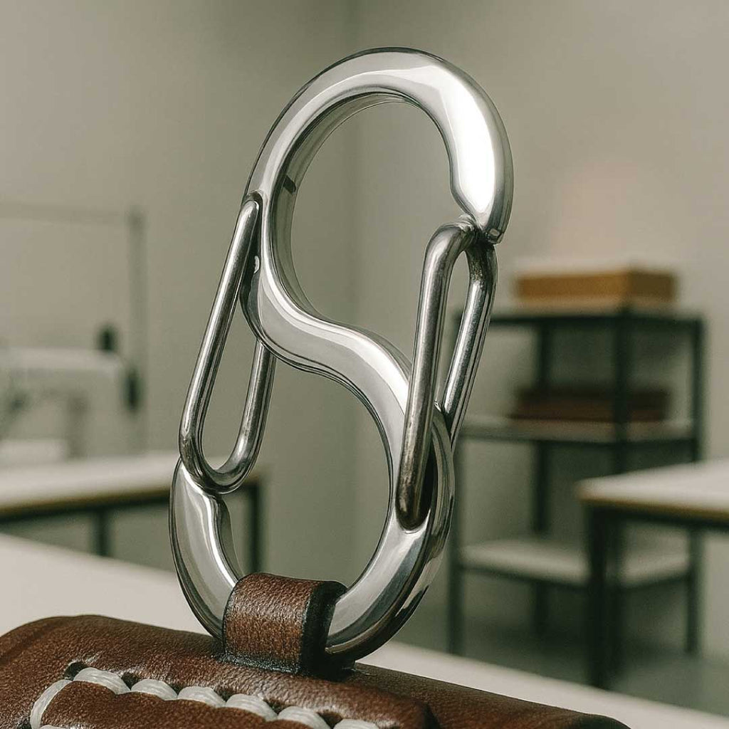 Metal carabiner attached to a leather case