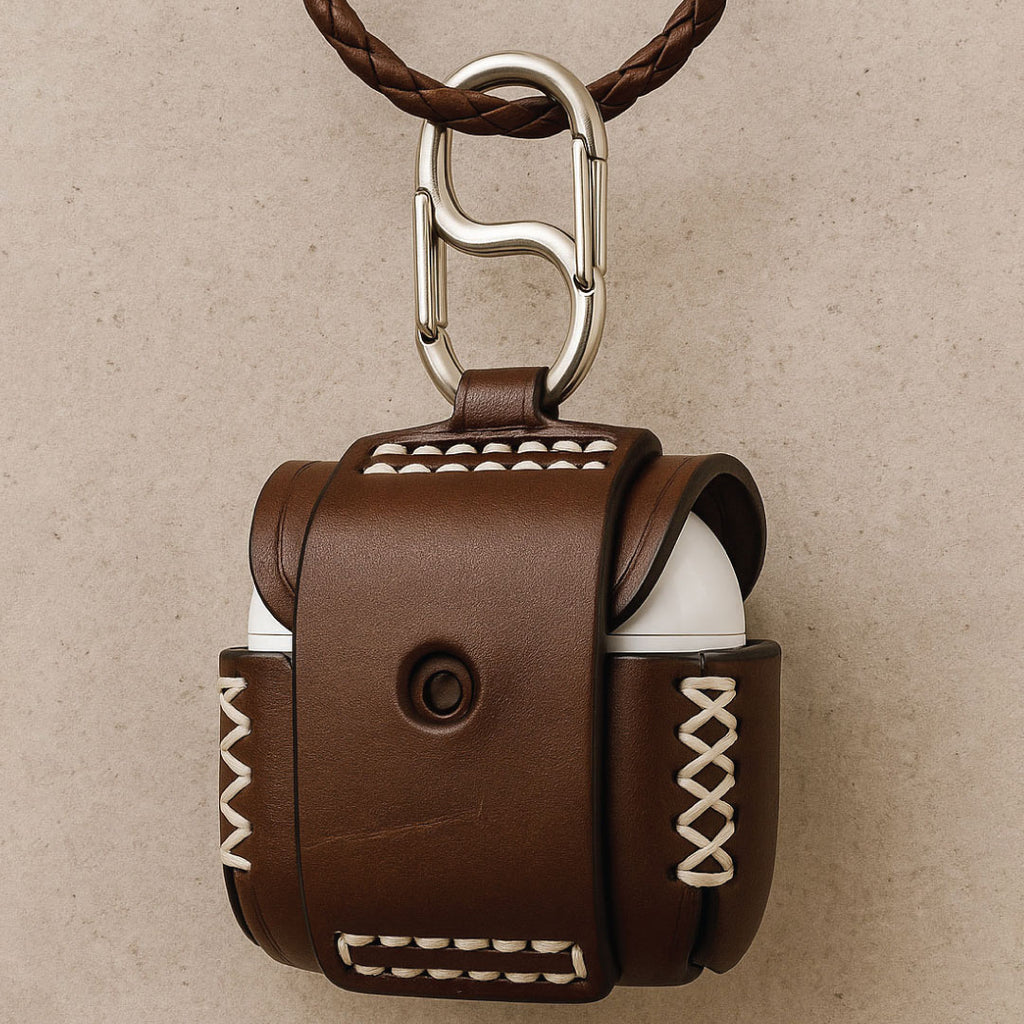 Brown leather case with white stitching and belt-loop design, holding an AirPods 4.