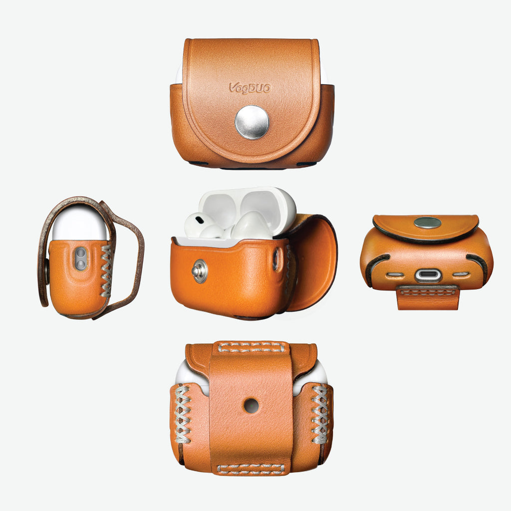 Different  angles of the leather case of AirPods Pro 3, showing a tan leather cases with a silver button
