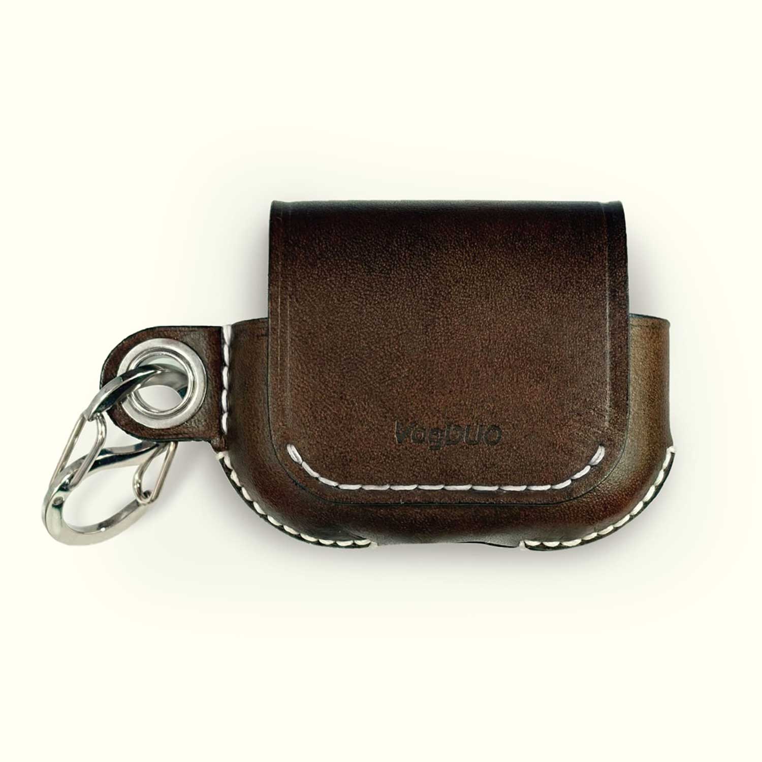 A dark brown leather AirPods case with white contrast stitching and a silver metal keychain ring, featuring the debossed brand name 'Yagbuo' on the front, set against a plain off-white background.