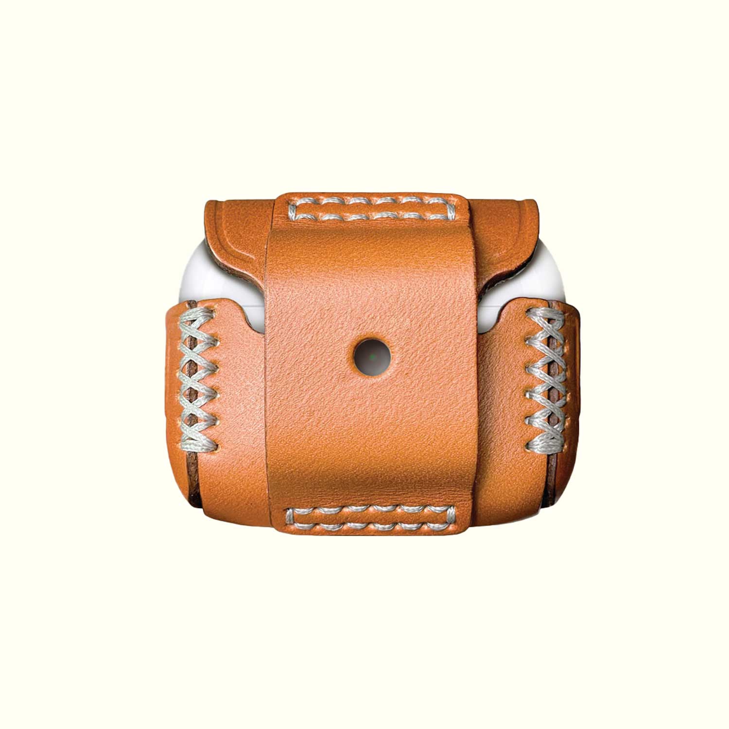 A tan leather case or organizer with white contrast stitching and a central hole for AirPods Pro with a belt loop design.