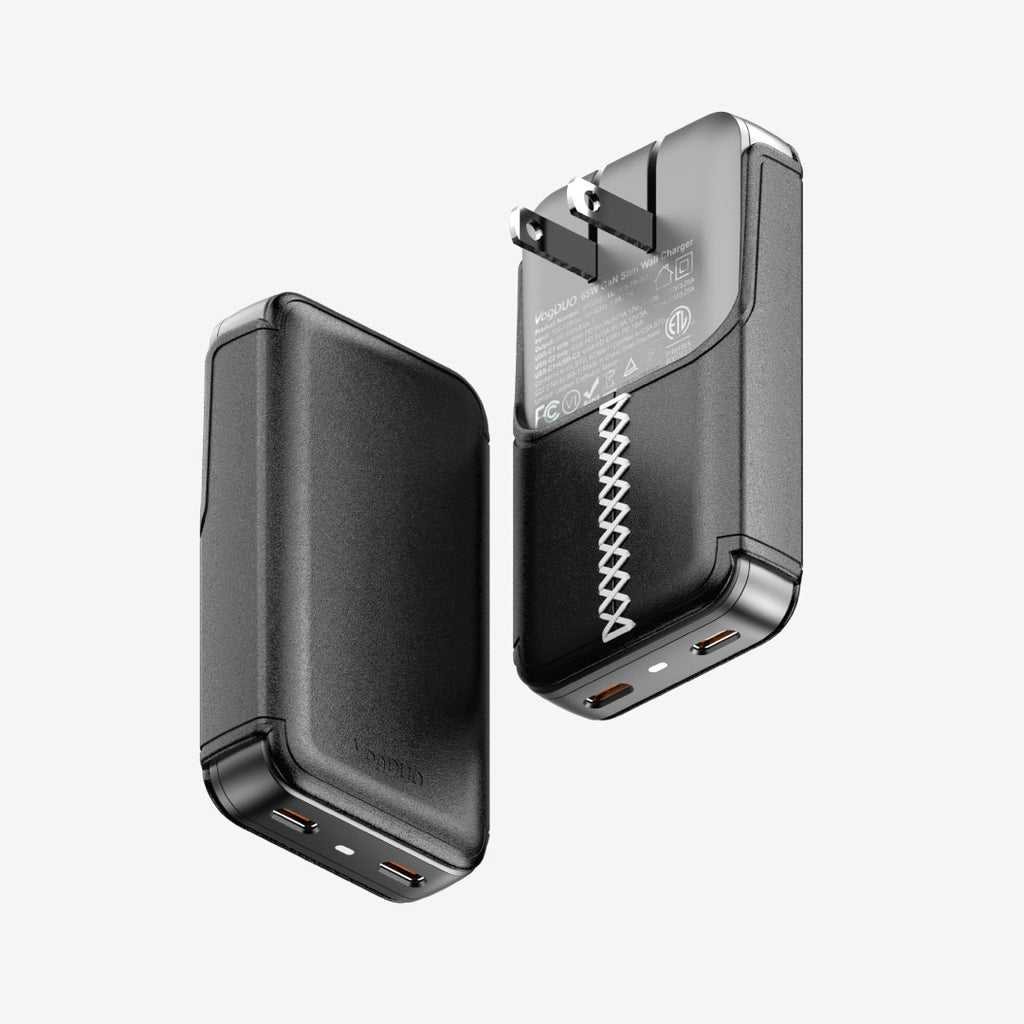 VogDUO 65W GaN Wall Charger, Folda able ultra-slim profile with 2 USB-C ports, Black leather design
