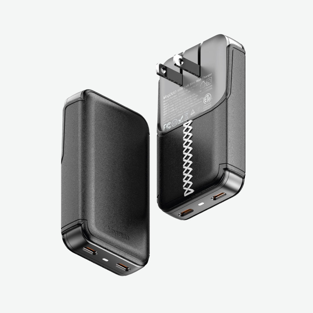VogDUO 65W GaN Wall Charger, Folda able ultra-slim profile with 2 USB-C ports, Black leather design