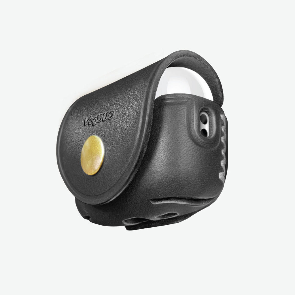 Tan AirPods Pro 3 leather case with a gold button