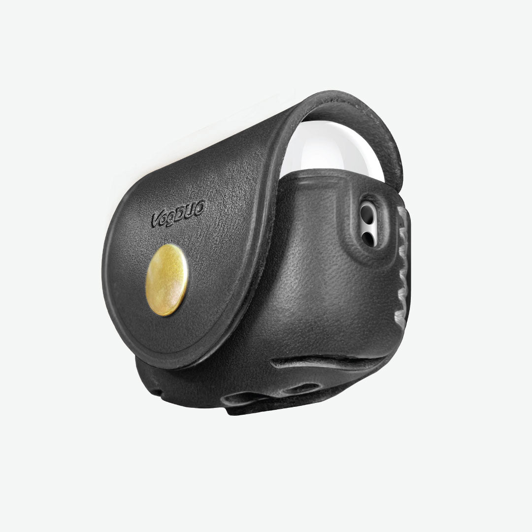 Tan AirPods Pro 3 leather case with a gold button