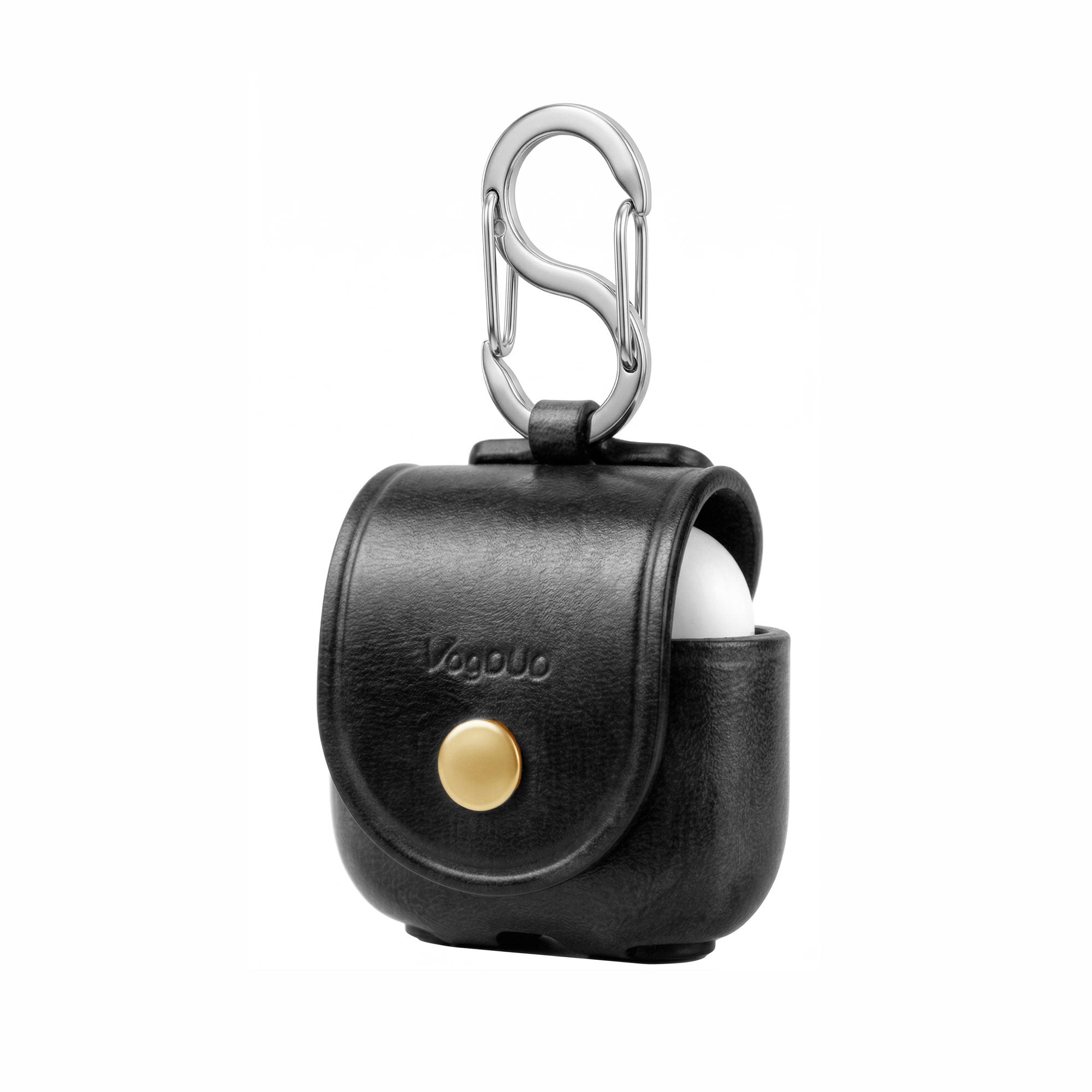 AirPods 4  Black leather air pod case with carabiner and visible brand logo on a white background