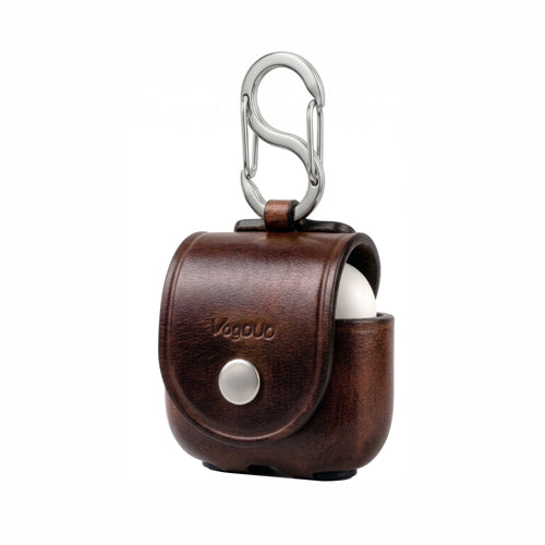 AirPods 4 Brown leather case with carabiner for wireless earbuds on a white background
