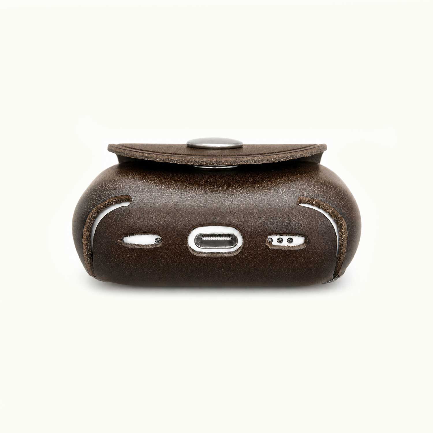 The Leather case bottom view of USB-C port and sound port, shown against a plain off-white background.