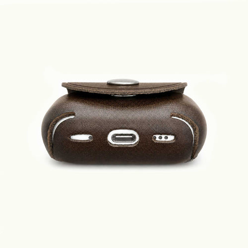 The Leather case bottom view of USB-C port and sound port, shown against a plain off-white background.
