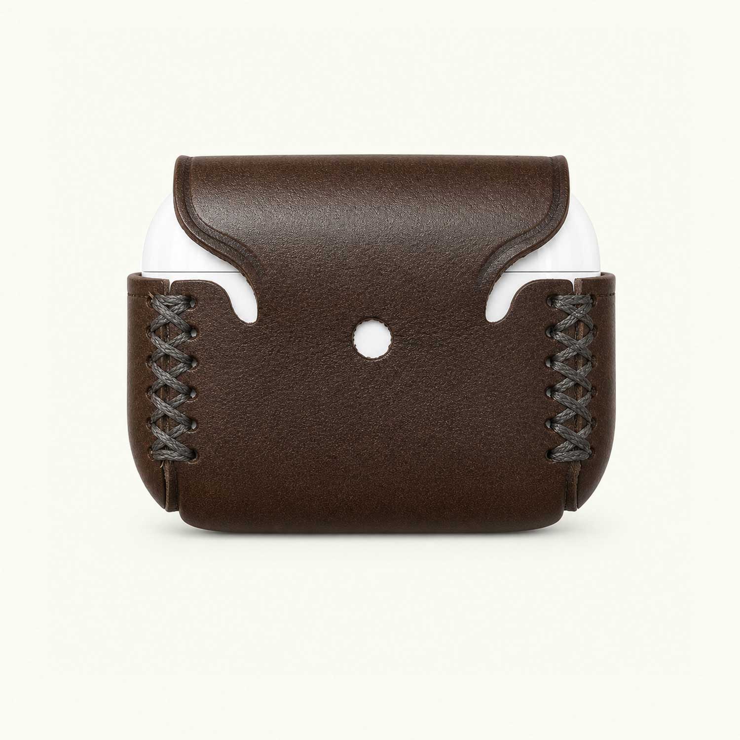 A dark brown leather holder for AirPods Pro 3 with Premium Waxed Thread and a snap closure, shown holding white earbud charging cases against a light off-white background.