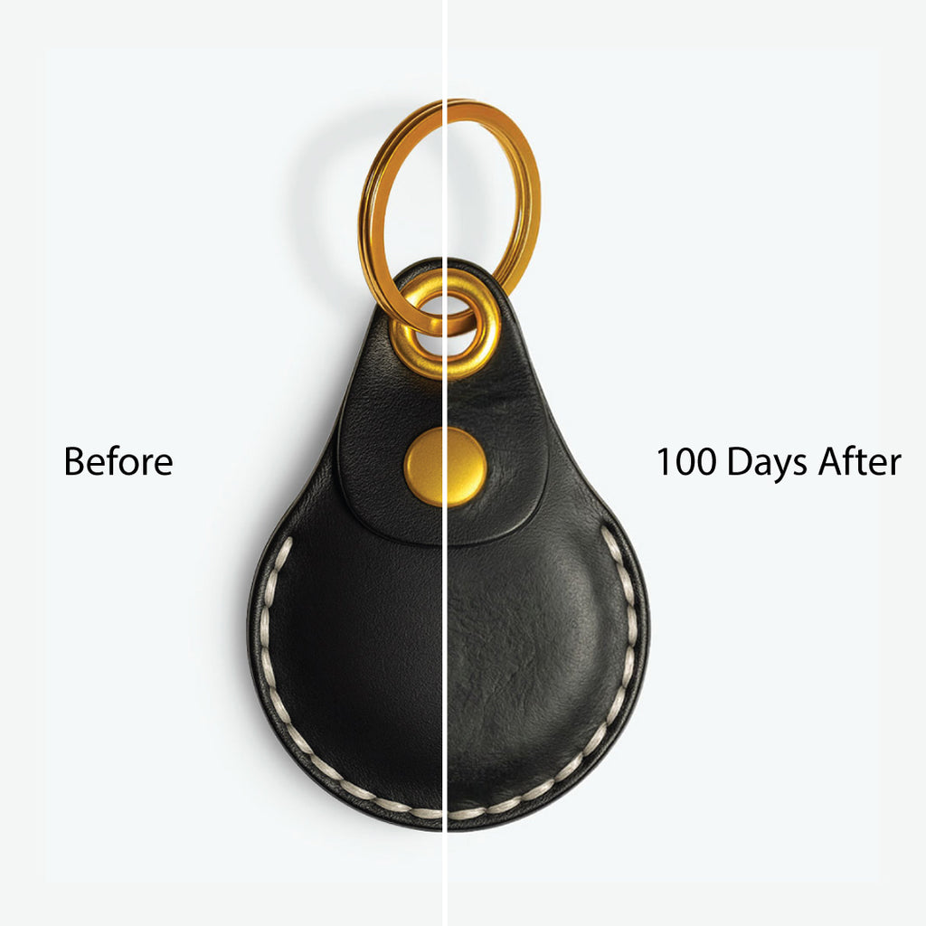 Black leather AirTag keychain with gold ring and button, 'Before' and '100 Days After' comparison on a white background.