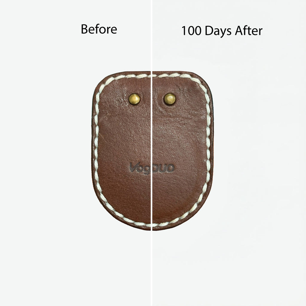Comparison of an AirTag brown leather case labeled 'VogDUO' before and after 100 days, on a white background. Adds more patina on the leather with the user.