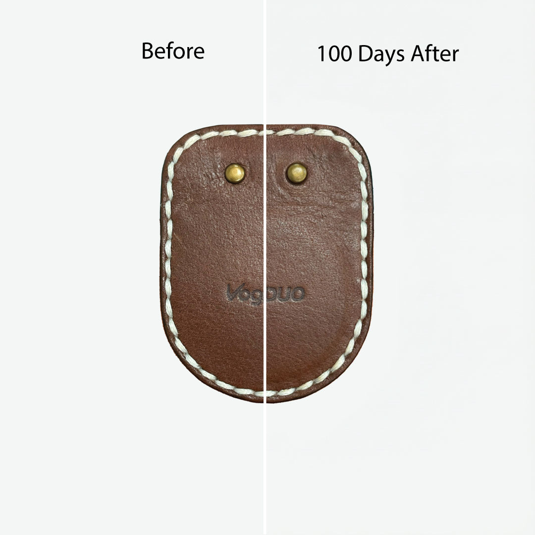 Comparison of an AirTag brown leather case labeled 'VogDUO' before and after 100 days, on a white background. Adds more patina on the leather with the user.