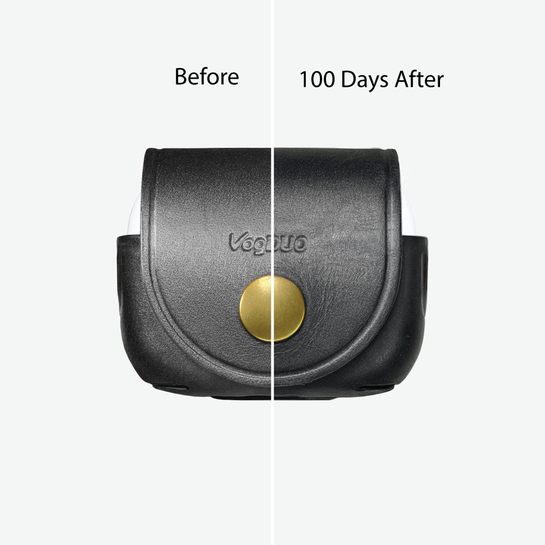Black leather case with gold button labeled 'VogDUO" before and after 100 days on a white background.