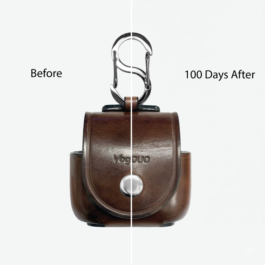 Comparison of an AirPods 4 leather keychain case 'Before' and '100 Days After' on a white background, added more patina on the leather with the user.