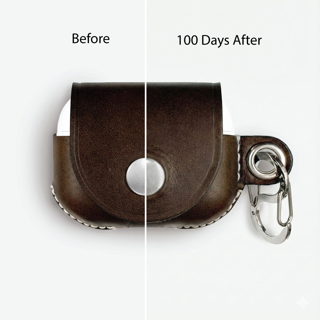 AirPods Pro Brown leather keychain case with silver button before and after 100 days on a white background, the leather grows more patina with the user.