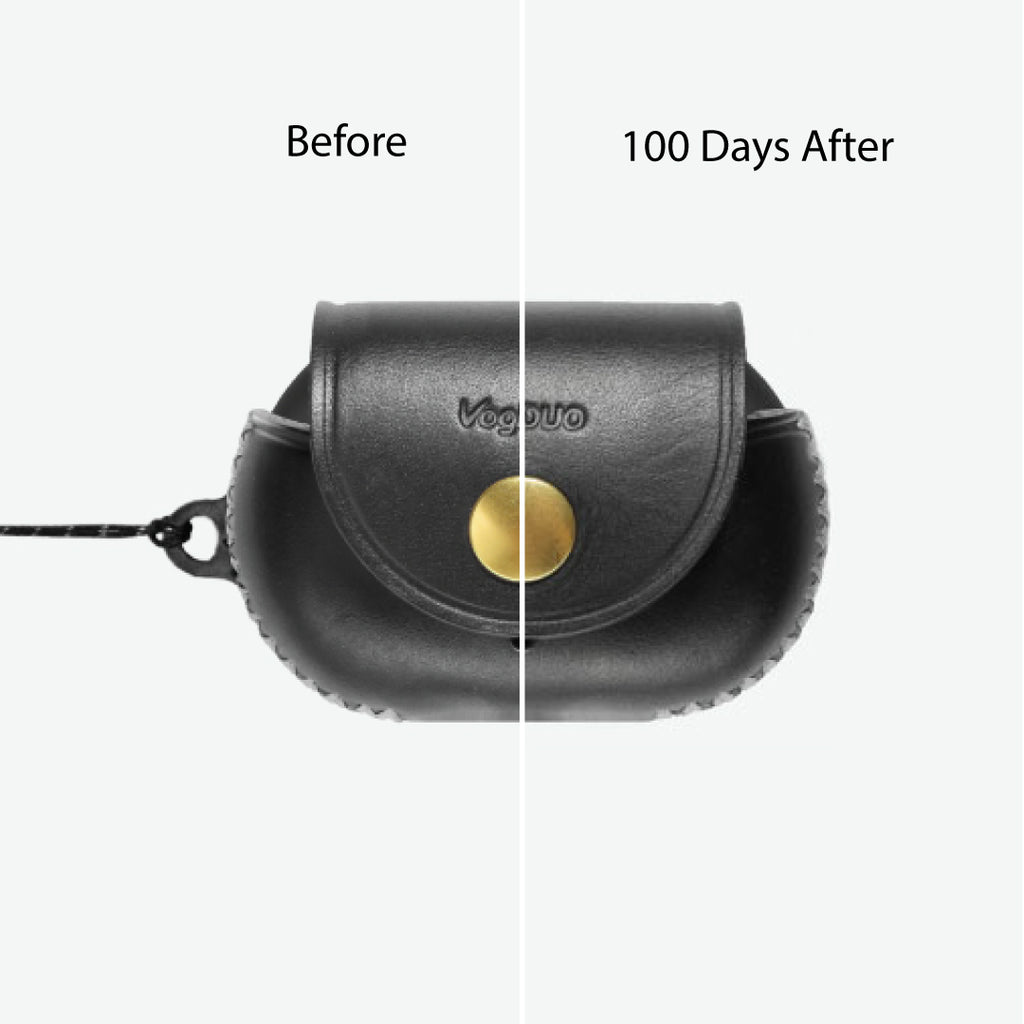 Beats Studio Buds+ Black leather pouch with gold button labeled 'VogDUO' before and after 100 days on a white background. Added more patina with the users on the leather.