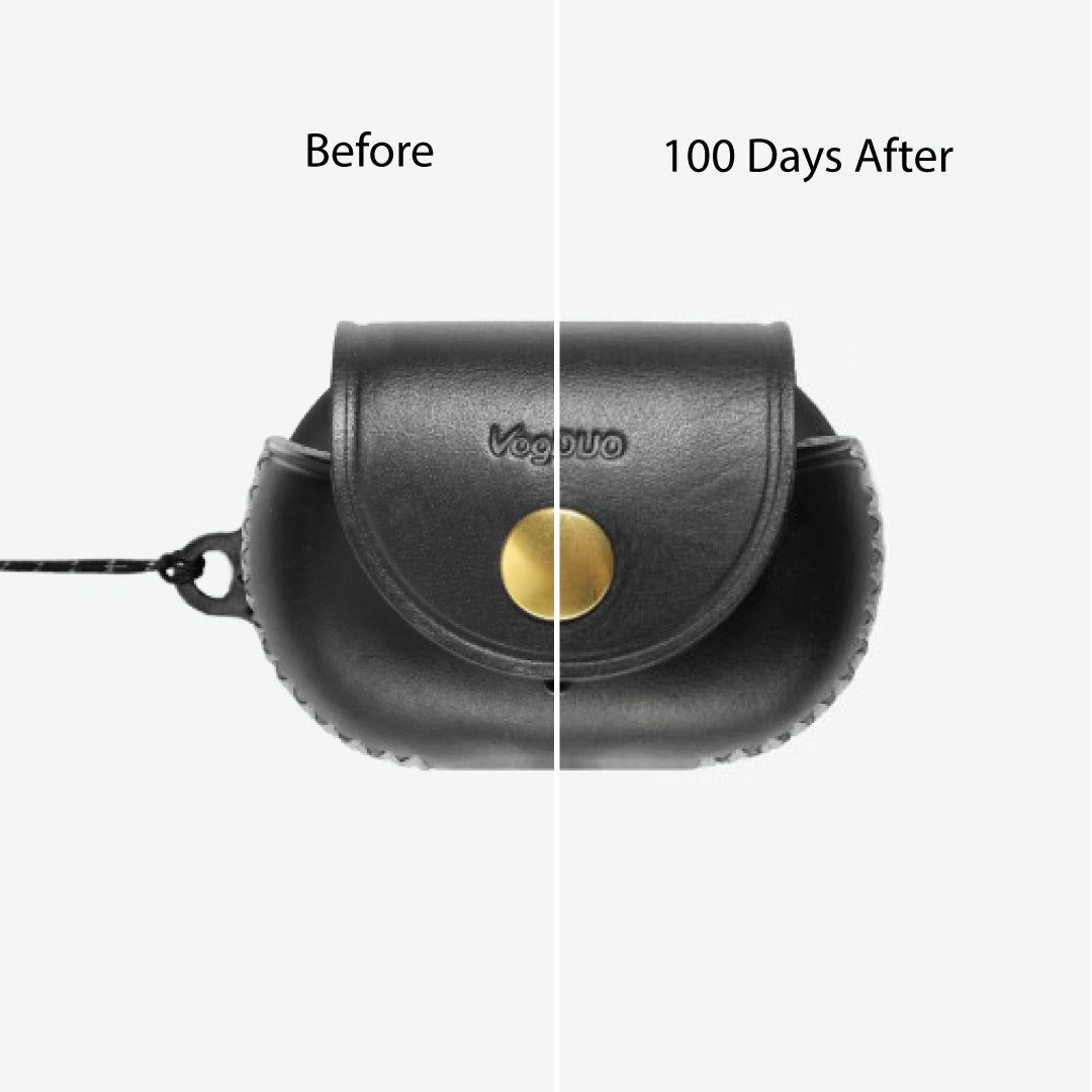Beats Studio Buds+ Black leather pouch with gold button labeled 'VogDUO' before and after 100 days on a white background. Added more patina with the users on the leather.