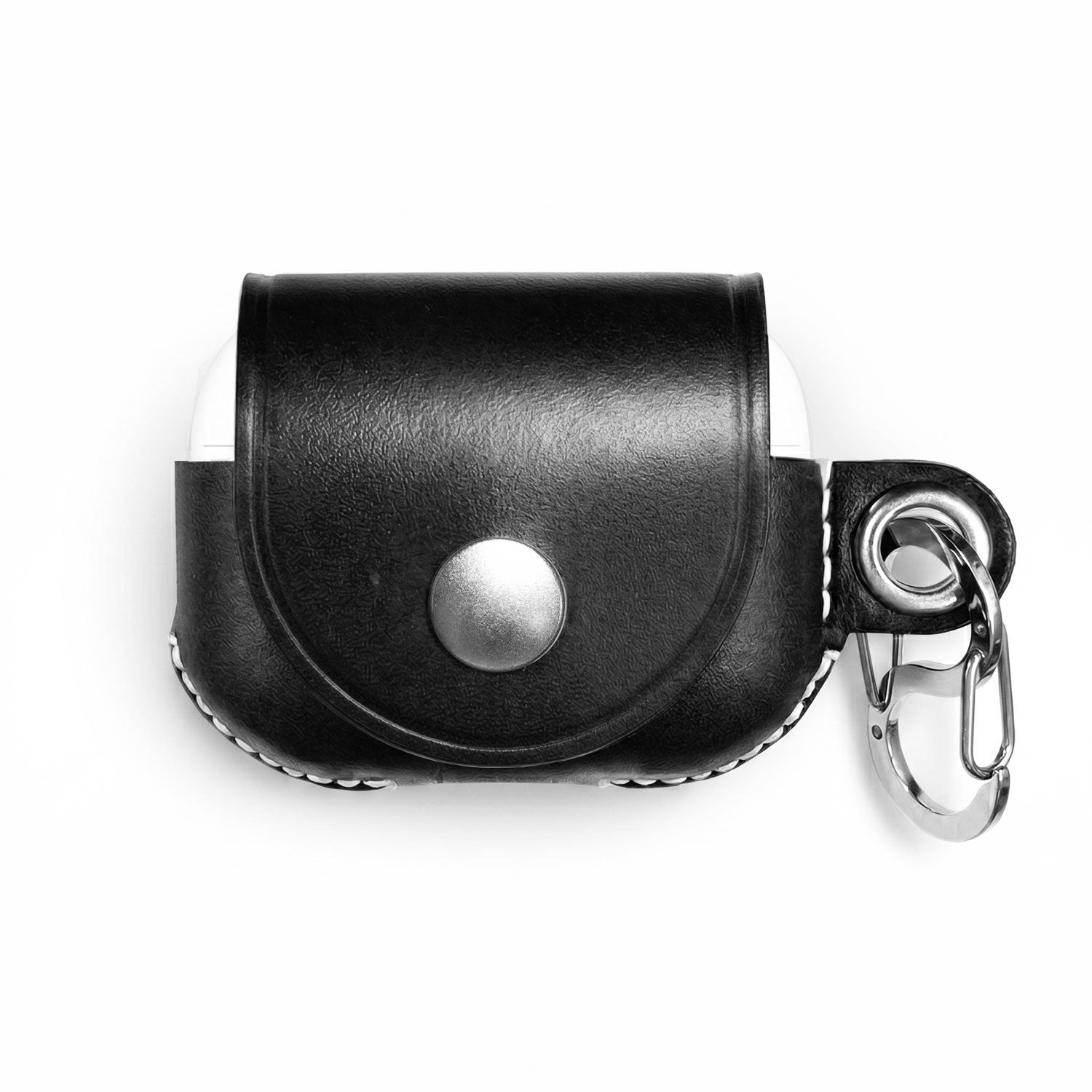 AirPods Pro 3  Black leather pouch with silver clasp on a white background