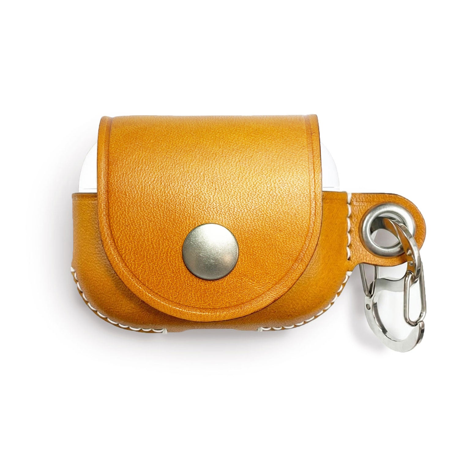 AirPods Pro 3 Tan leather keychain pouch with metal clasp on a white background