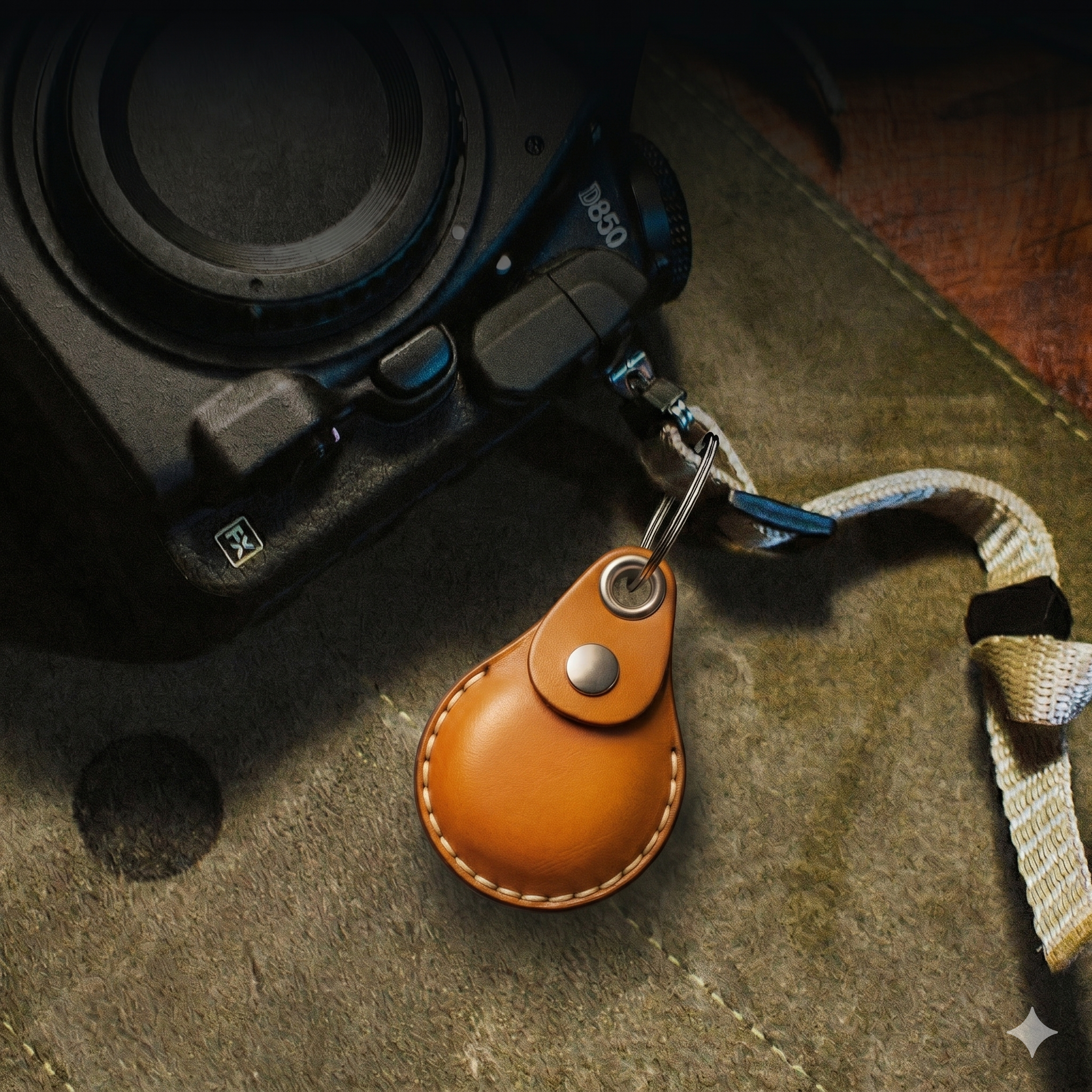 Camera with an AirTag leather keychain