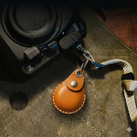 Camera with an AirTag leather keychain