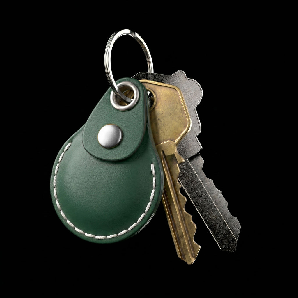 Green AirTag leather key fob with keys on a black background
