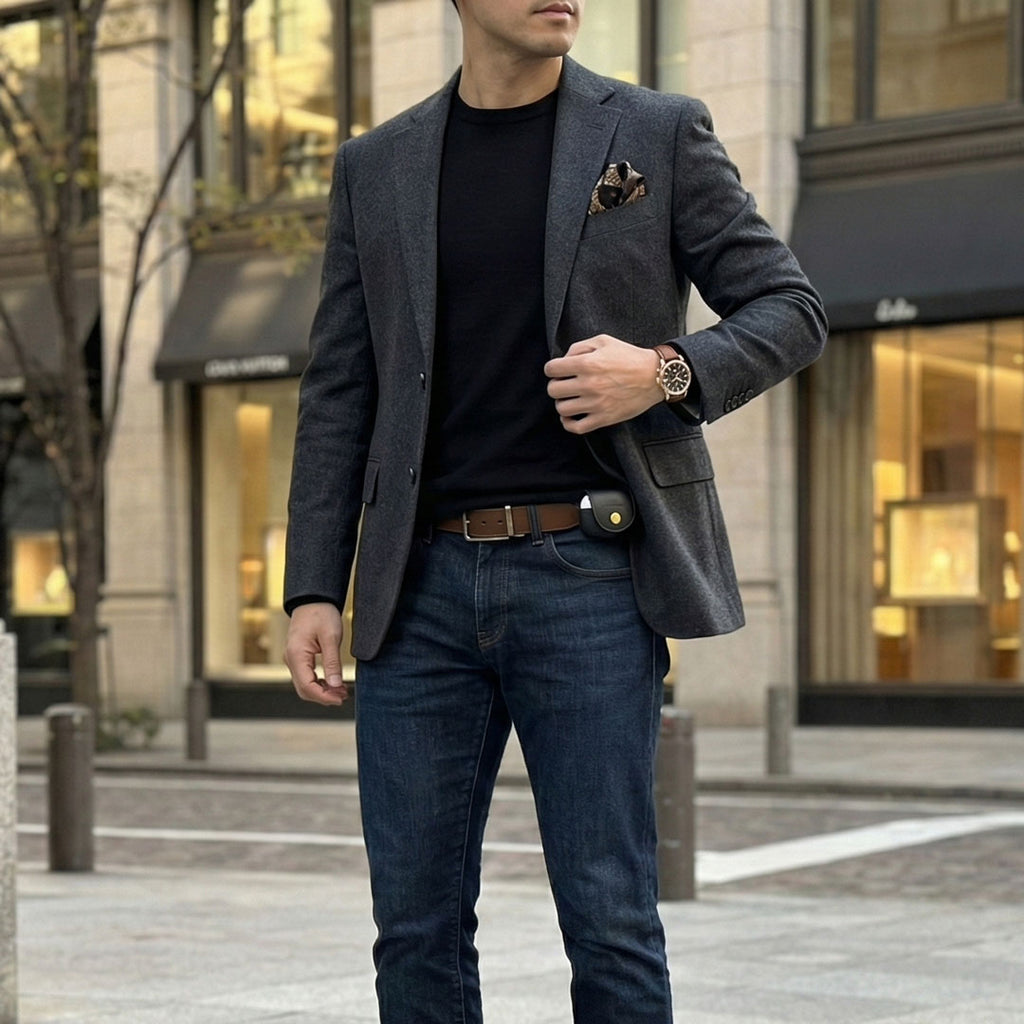 Man wearing a gray blazer, black shirt, and blue jeans and VogDUO AirPods Pro leather case, standing on a city street.