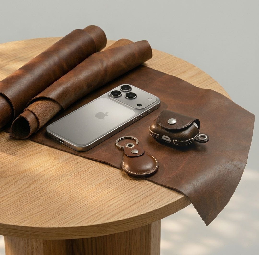 Brown leather items including an iPhone 17 Pro case, AirTag Leather keychain, and AirPods Pro Carabiner Leather Case on a wooden table.