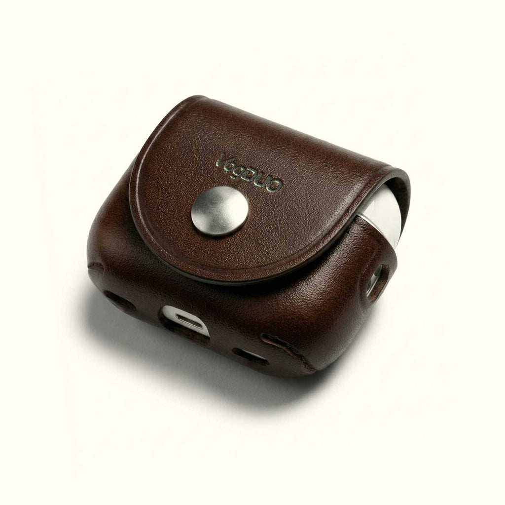 A dark brown leather AirPods Pro 3 case with a silver snap button and  VgoDUO logo on the front, shown on a clean white background.