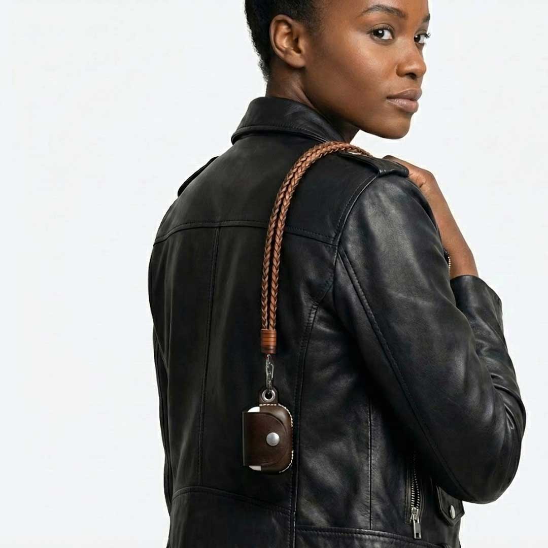 Person wearing a black leather jacket with a brown leather AirPods Pro 3 with a neck lanyard over their shoulder on a white background