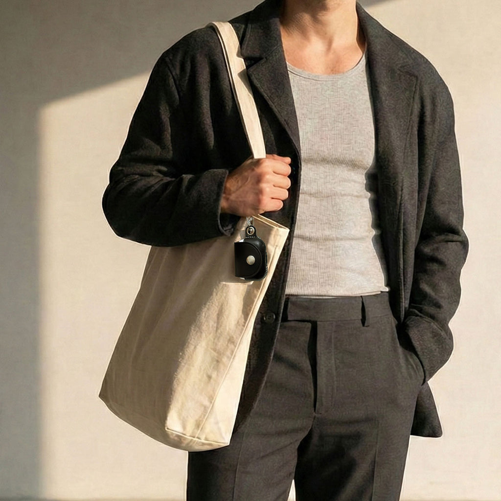 Man wearing elevated minimalist outfit with grey ribbed tank top, charcoal wool coat, and baseball cap, carrying a canvas tote bag featuring a VogDUO brown leather AirPods Pro case attached with a metal carabiner in warm sunlight.
