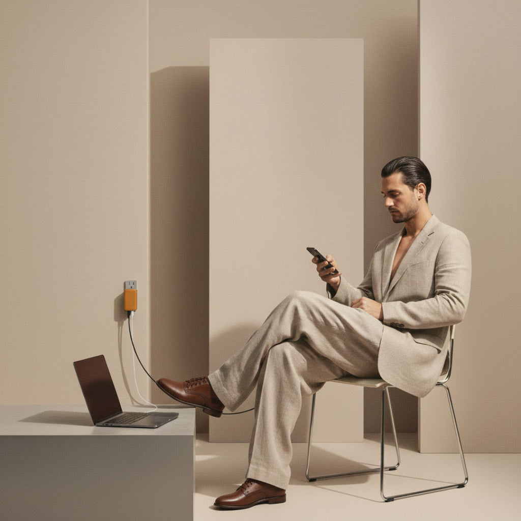 Man in a beige suit sitting on a chair using a smartphone with a laptop on a table beside him. VogDUO Ultra-slim charger is charging the phone and laptop at the same time.