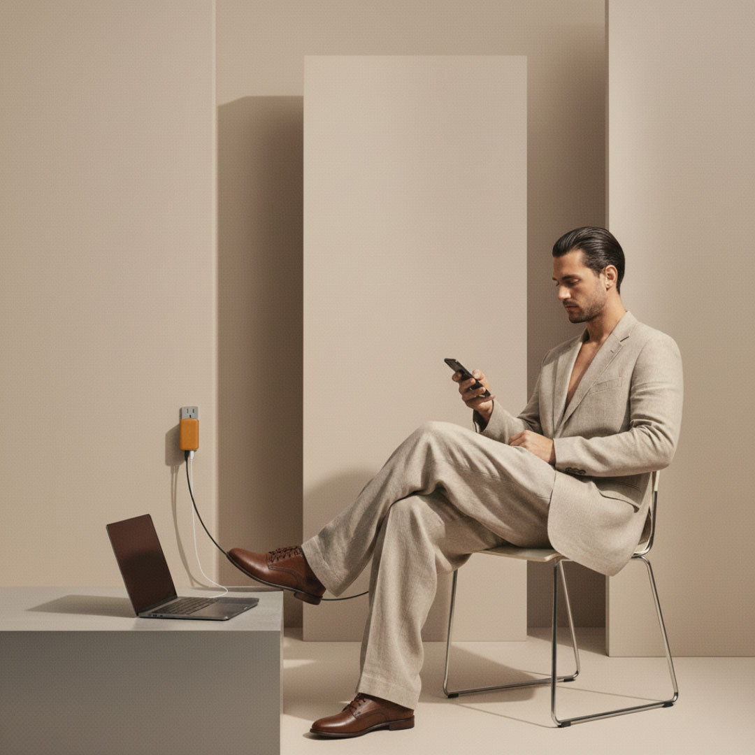 Man in a beige suit sitting on a chair using a smartphone with a laptop on a table beside him. VogDUO Ultra-slim charger is charging the phone and laptop at the same time.