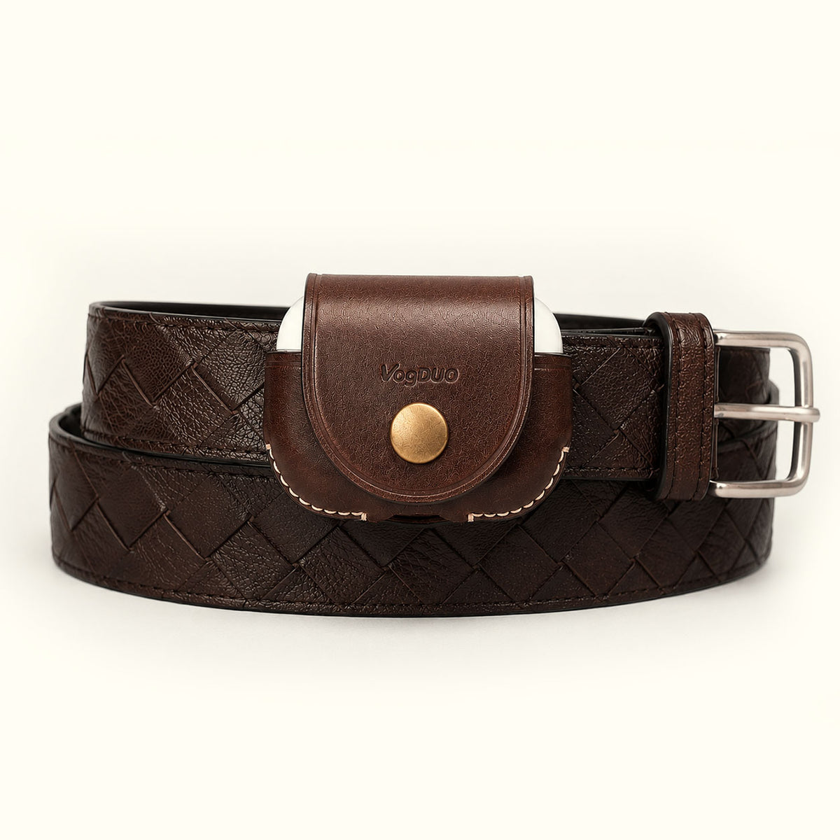 A dark brown woven leather belt with a matching leather case with a snap tab closure and a silver-tone metal buckle, displayed on a clean off-white background.
