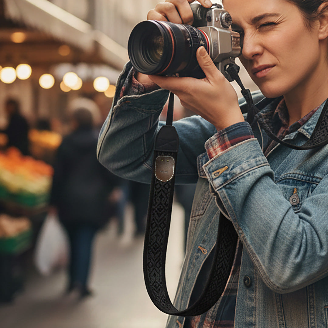 Woman taking a photo with a camera in an outdoor market, VogDUO AirTag Case pinned on her camera strap seamlessly keeps the camera safe and tracked without taking up spaces or dangling.