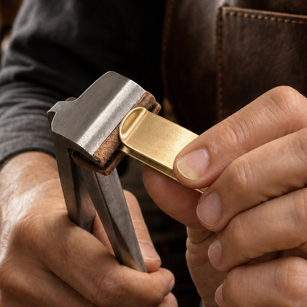 Close-up of a person's hands using a brass and steel tool to shape or polish a Brass belt clip against a leather working apron background.