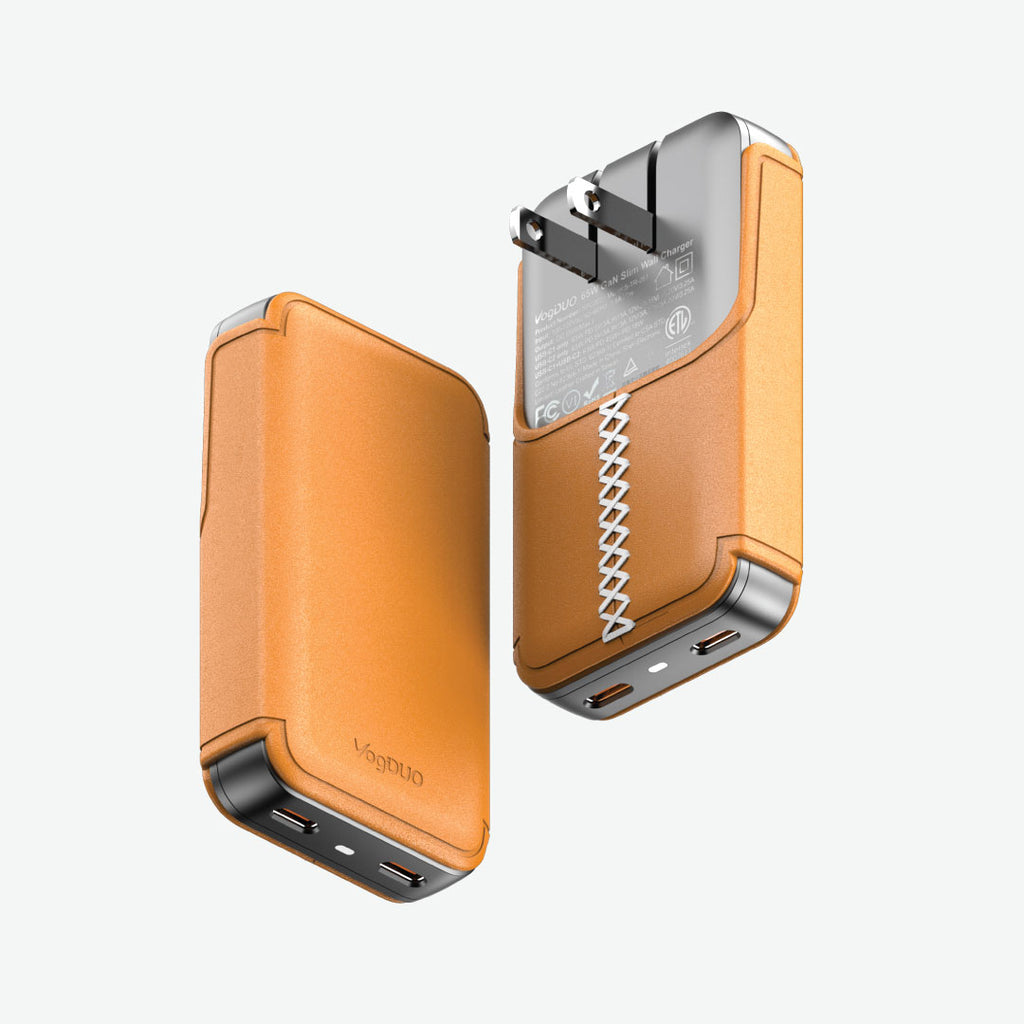 VogDUO 65W GaN Wall Charger, Folda able ultra-slim profile with 2 USB-C ports, Tan leather design
