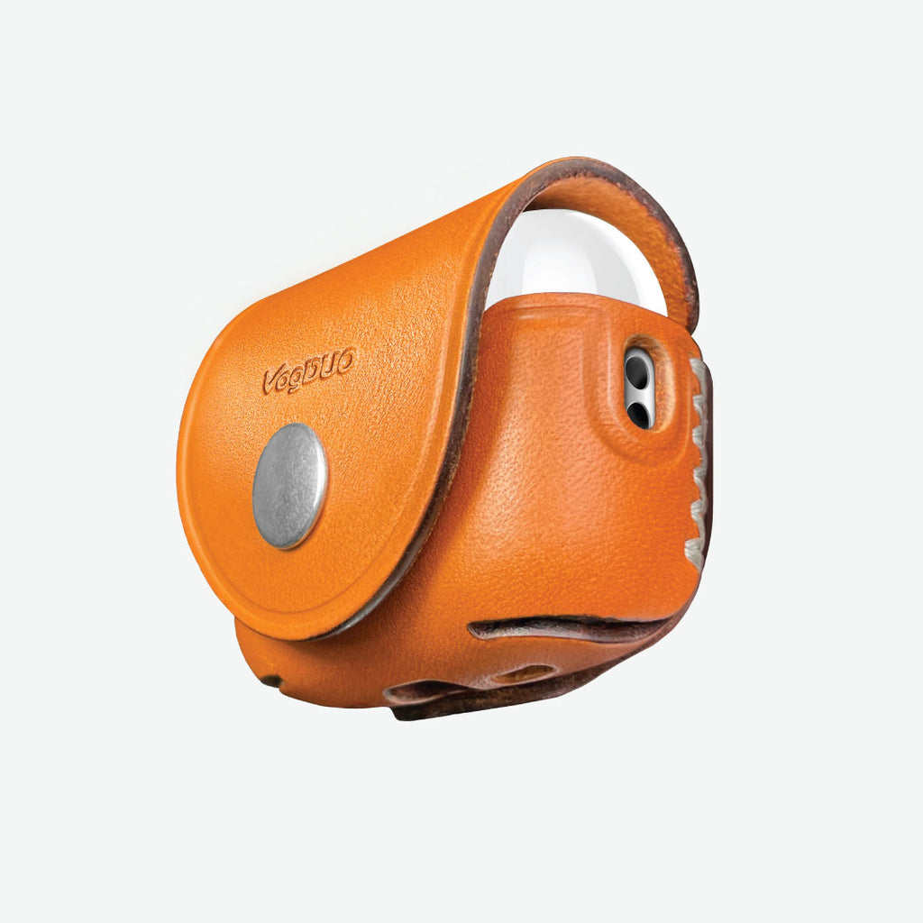 Tan AirPods Pro 3 leather case with a gold button