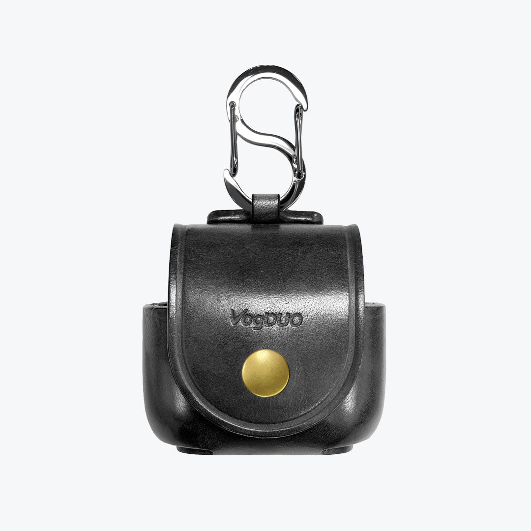 VogDUO AirPods 4 Black leather keychain pouch with gold button and carabiner on a white background