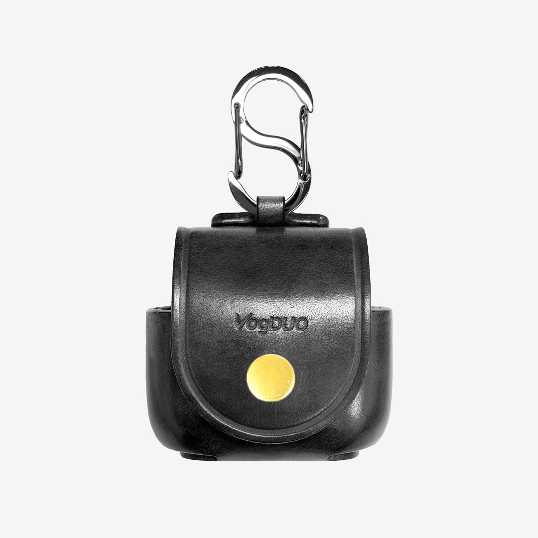 AirPods 4 Black leather case with carabiner and gold accent on a white background