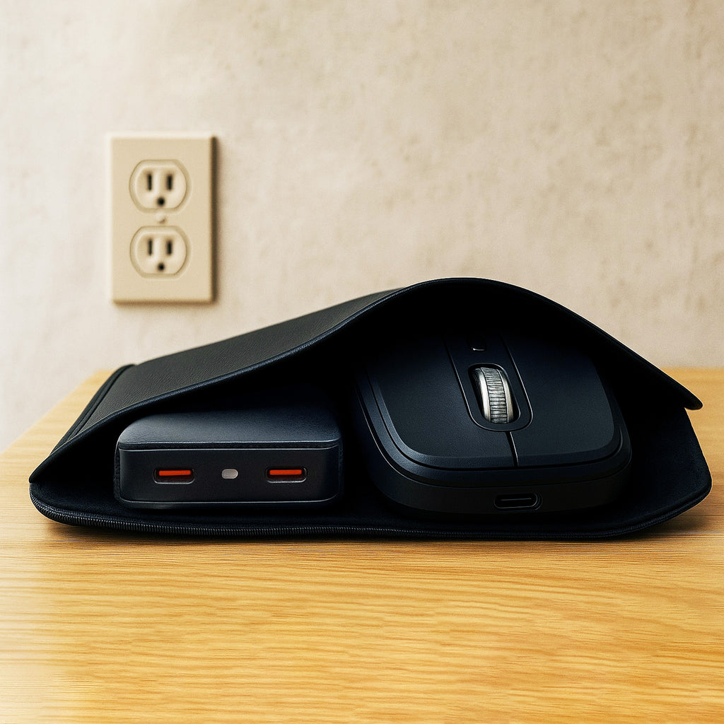 Black computer mouse with the VogDUO slim wall charger in a leather pouch. The charger is thinner than a mouse, but powerful enough to charge everything.