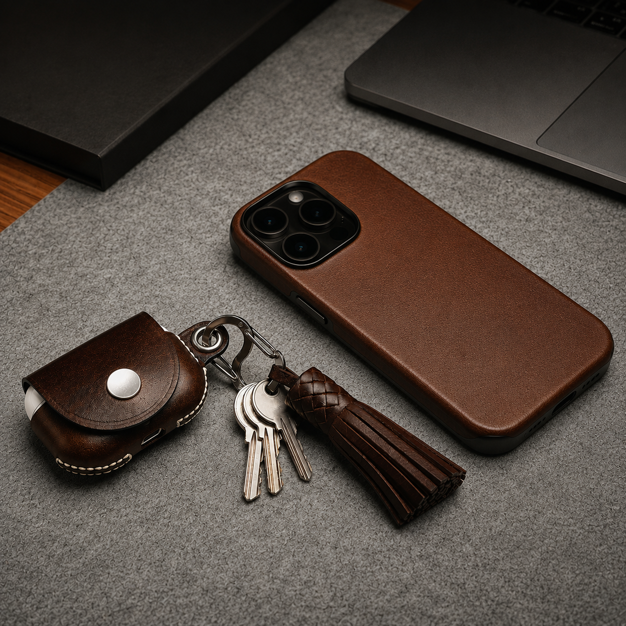 Brown leather AirPods Pro 3 case keychain with keys on a white background