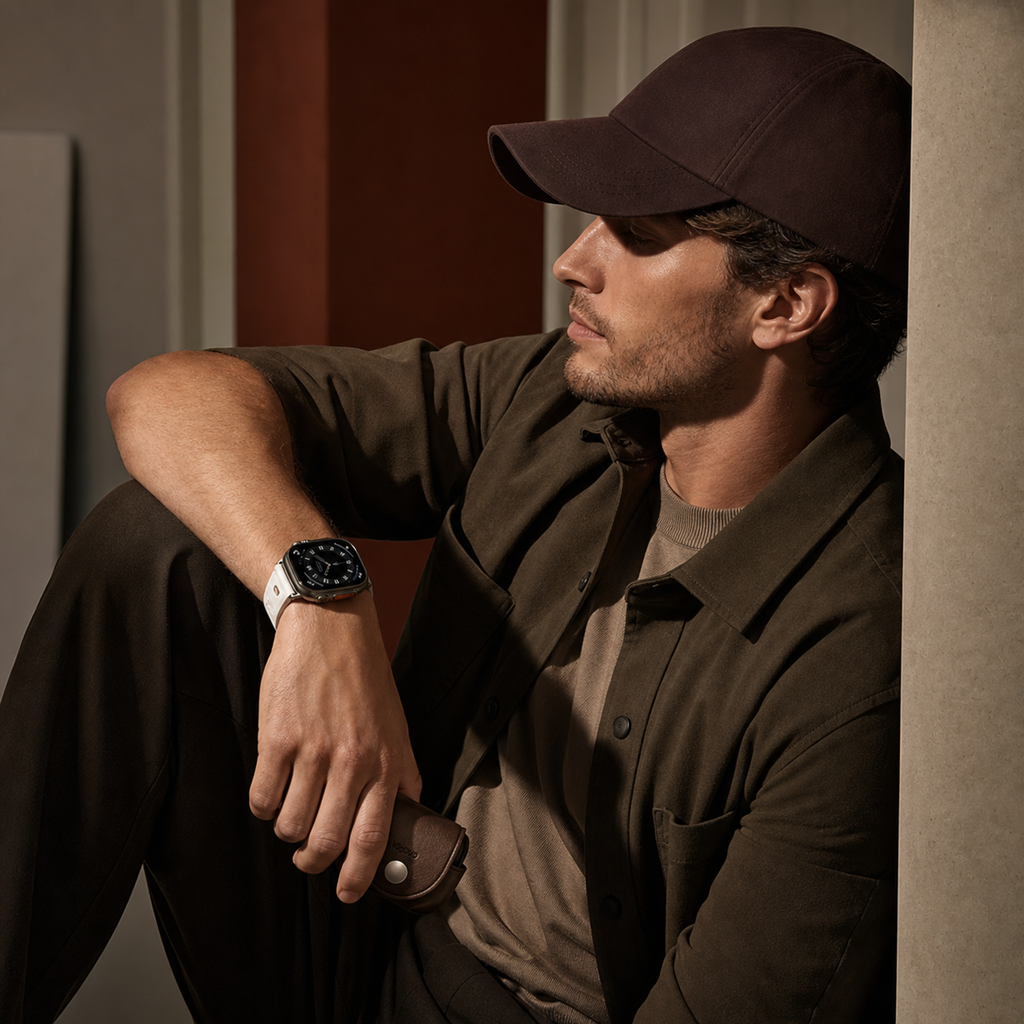 A man wearing a dark brown baseball cap, a brown overshirt over a beige t-shirt, and dark brown trousers, sitting in a dimly lit interior and wearing a smartwatch with a white band, and holding an AirPods Pro 3 brown leather case in his hand.