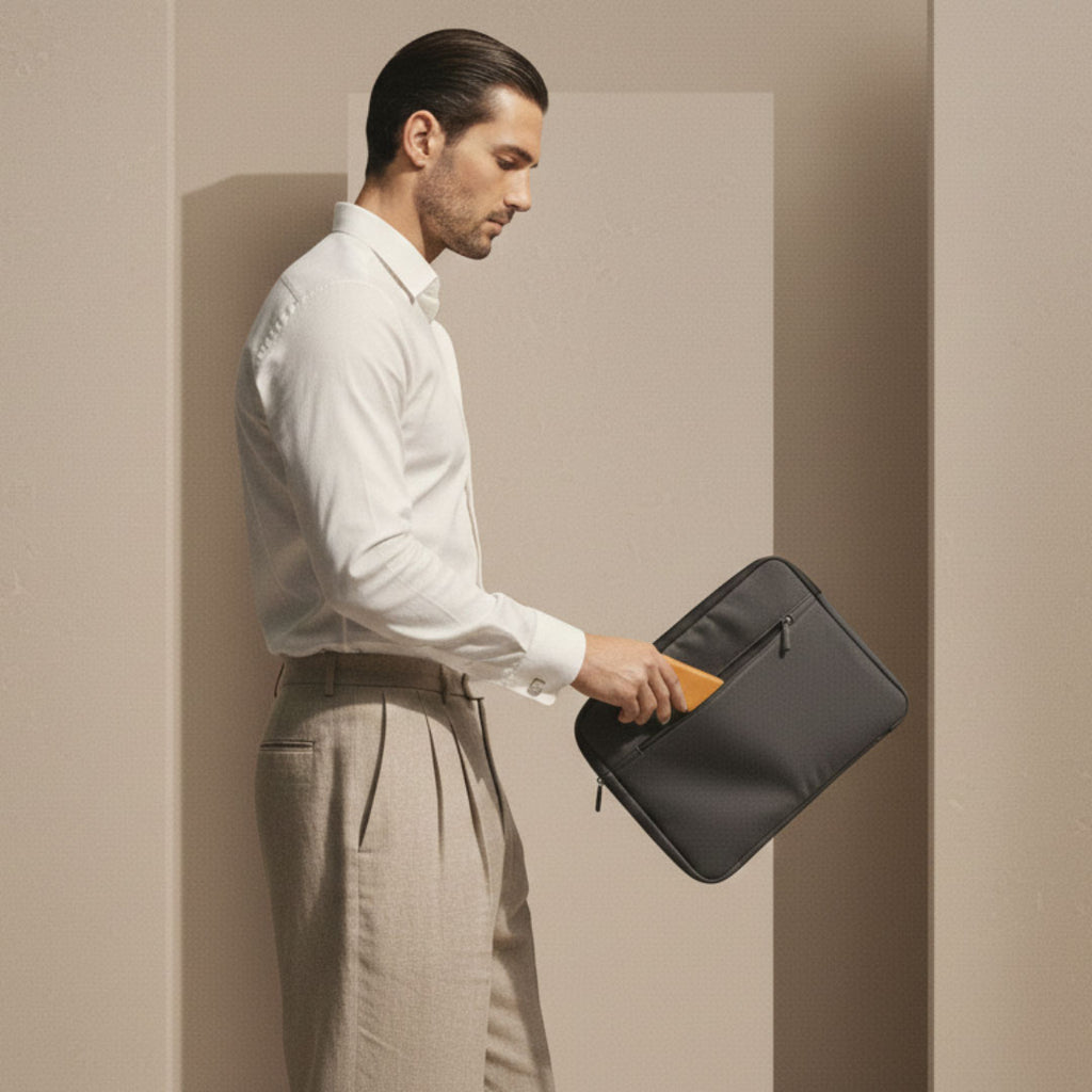 Man holding a black laptop sleeve and putting the VogDUO 65W slim wall charger into the sleeve without taking up spaces.