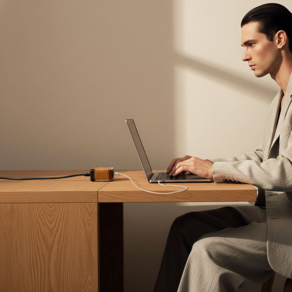 A man using VogDUO 100W desktop charger to charger his MacBook at work.