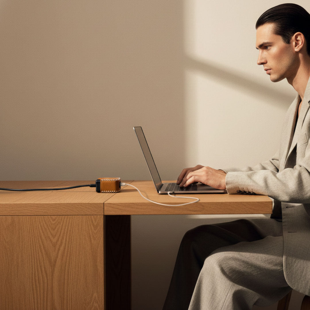 A man using VogDUO 100W desktop charger to charger his MacBook at work.